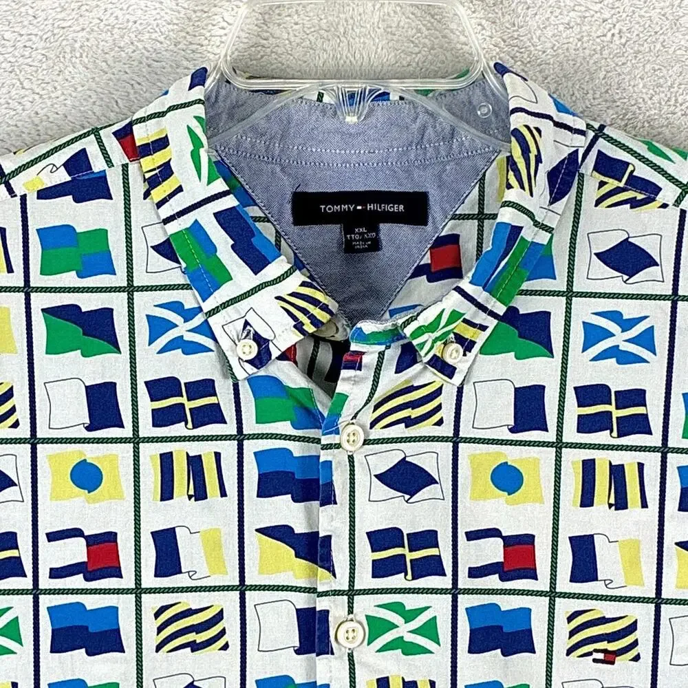 VTG Tommy Hilfiger Camp Shirt Mens XXL Multicolor Nautical Flag AOP Preppy Beach